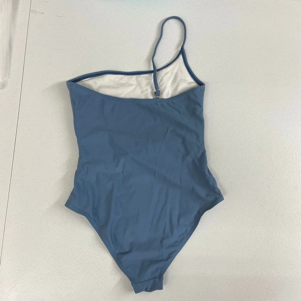 SHEIN girl's blue one shoulder ruched stretch one piece swim bathing suit modest